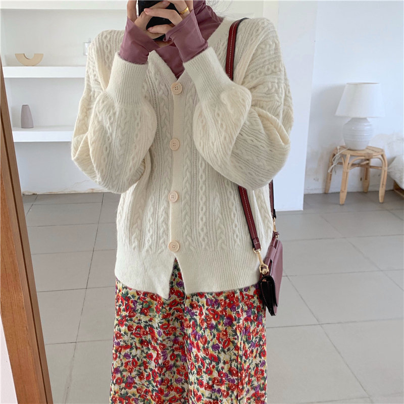 Elegant Women V-Neck Gentle Cute Chic All-Match High Quality Fashion Knitted Lantern-Sleeved Cardigans Sweater 210421