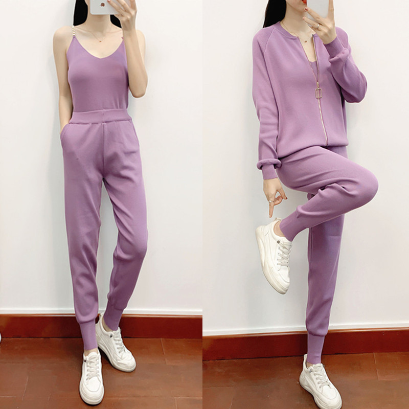 Autumn 3 Piece Suit Knitting Long Sleeve Zip Jacket Cardigans Tank Top Pants Women Fashion Solid Lounge Set Casual Tracksuit 210519
