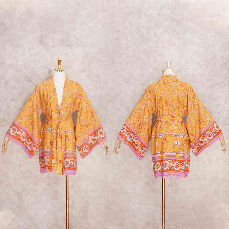 Yellow Bohemian Printed Bikini Cover-ups Long Kimono Cotton Tunic For Women Summer Wrap Dress Beach Wear Swim Suit Cover Up A558 210420