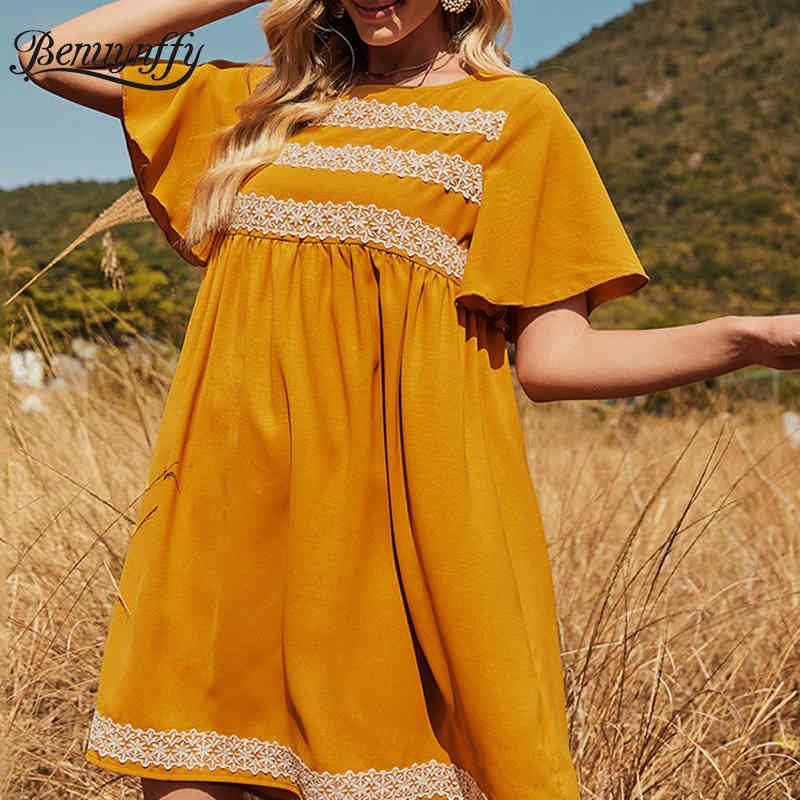 Round Neck Solid Lace Patchwork Loose Dresses Summer Short Sleeve Korean Casual Women Clothing Fashion Mini Dress 210510