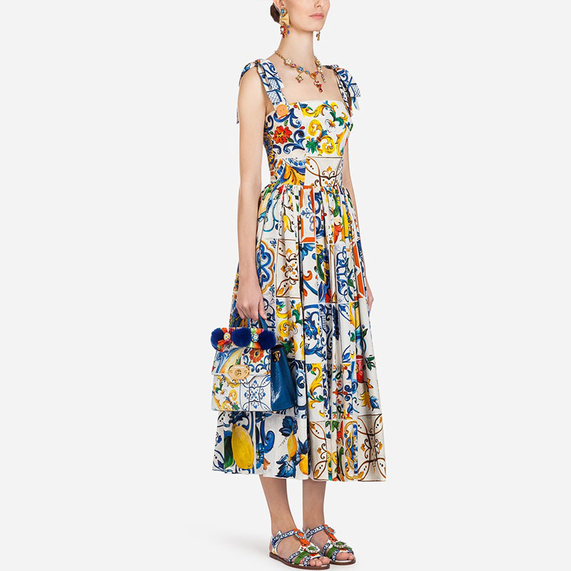 Fashion Runway Summer Dress Spaghetti Strap Backless Blue and White Porcelain Floral Print Long 210421