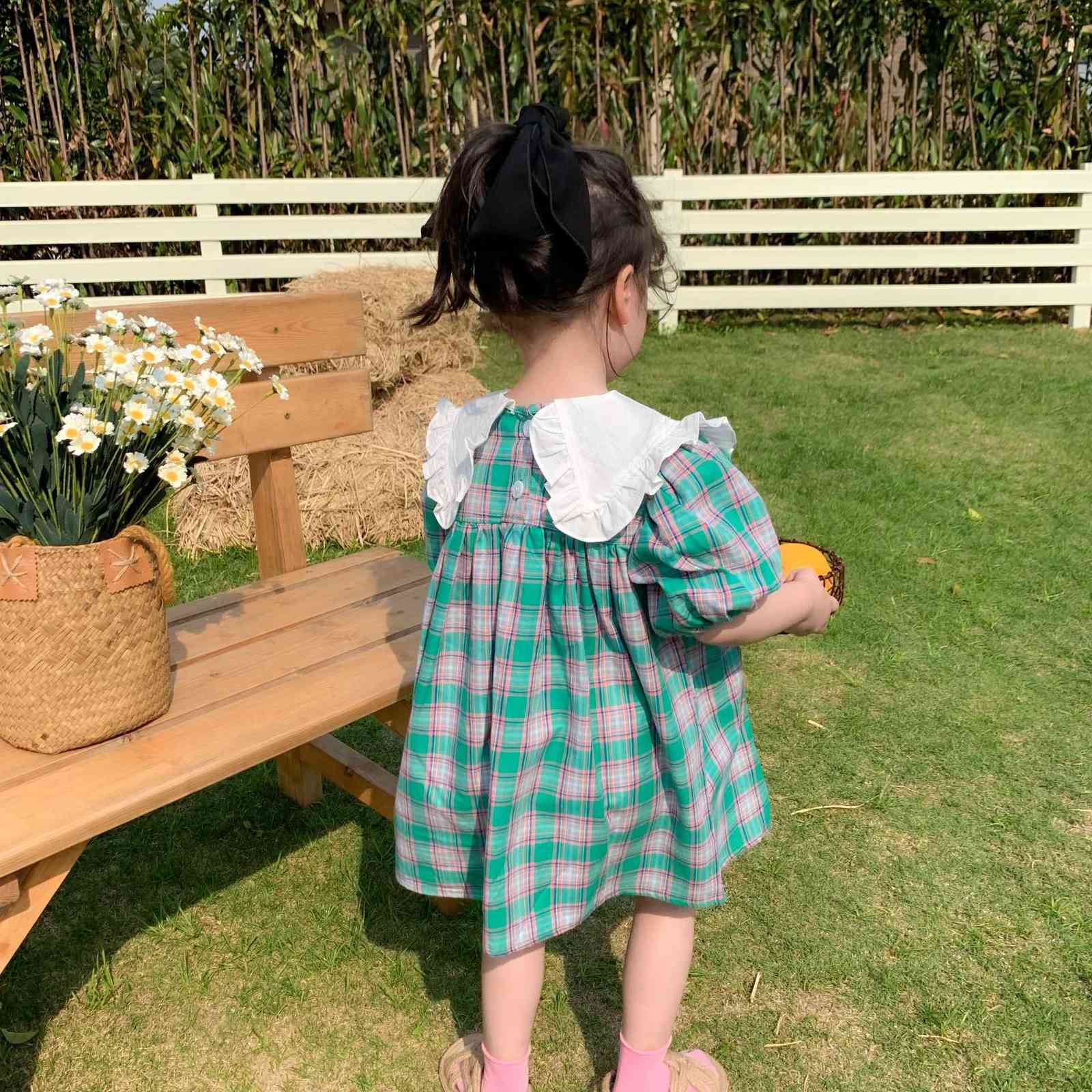 Korean Style Little Girls Embroidery Dresses Children Clothing Girl Korea Dress Baby Summer Plaid Frocks Kids Outfits 210615