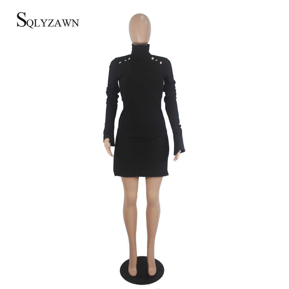 Black Turtleneck Bodycon Knitted Winter Sweater Flare Sleeve Gold Button Decoration Split Casual Dress For Women