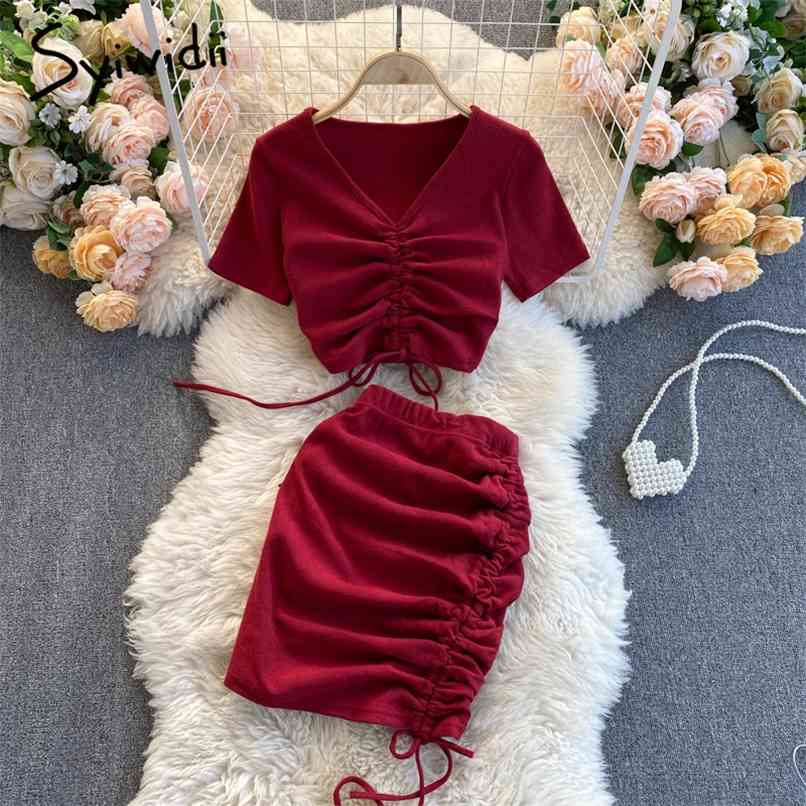 2 Piece Skirts Sets Women Summer Fashion Short Sleeve V Neck Drawstring Folds T Shirt Elastic Waist Mini Skirt 210607, Claret
2 Piece Skirts Sets Women Summer Fashion Short Sleeve V Neck Drawstring Folds T Shirt Elastic Waist Mini Skirt 210607, Claret