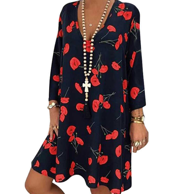 Spring Summer Office Plus Size Dress Women Floral Print V-neck Long Sleeve Mini Dress Elegant Woman Loose Casual Dresses 210630