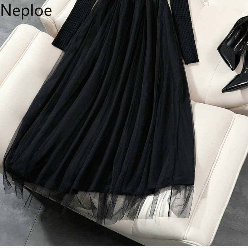 Neploe Plus Size Woman Dress Knitted Patchwork Gauze Black Vestidos V-neck Long Sleeve Robe High Waist Slim Maxi Dresses Women 210422