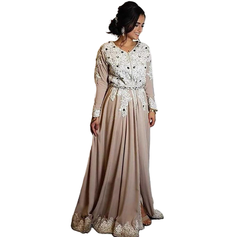 Elegant Champagne Moroccan Kaftan Mother Of The Bride Dresses Appliques Lace Beads Muslim Groom Mothers Formal Wear Long Wedding Guest Dress