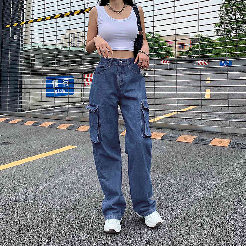 Woman cargo Jeans high Waist loose Denim Clothing Blue Streetwear Vintage Quality Fashion big pocket boyfriend Pants 210524