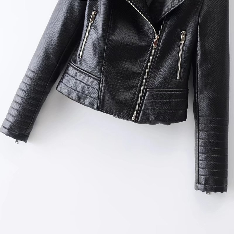 women's fashion snake zipper PU suit collar slim slimming locomotive female jacket coat black 210507