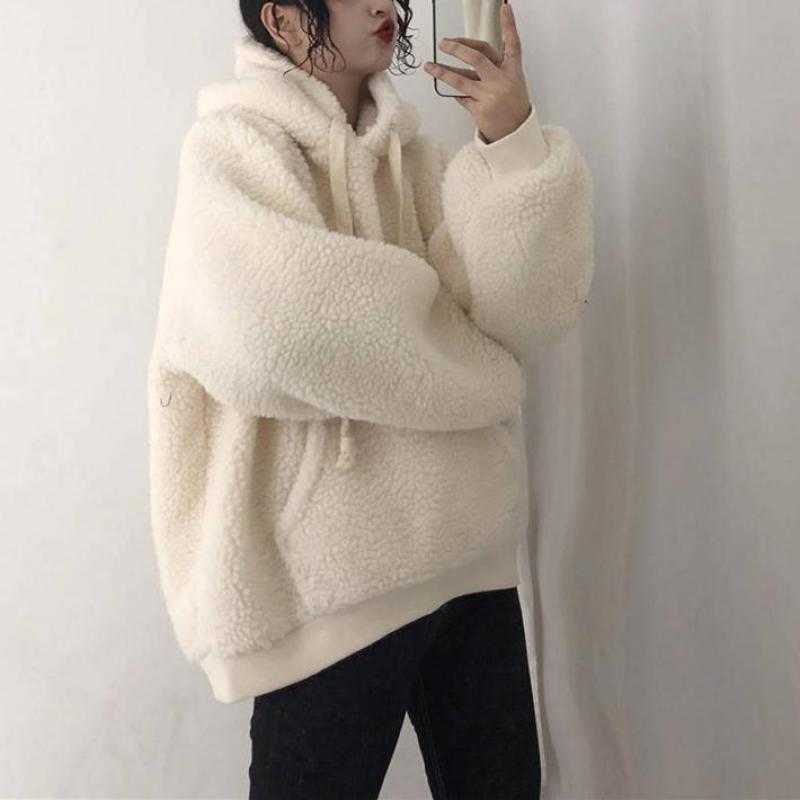 Winter Lamb Plush Warm Ladies Pullover Solid Color White Plus Velvet Thickening Casual Loose Lantern Sleeve Women Hoodie 210809