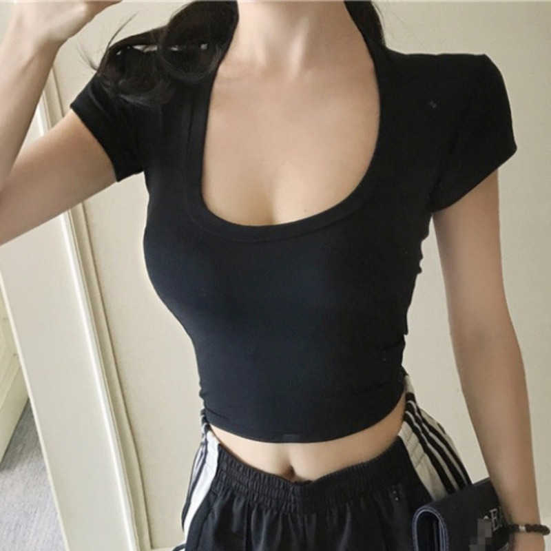 Square Neck Short Sleeve T Shirt Women's Summer Top Navel High Waist Tops Sexy Slim White Women Tshirt Korea Q8EC 210603