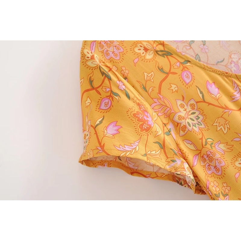 Bohemian Location Flower Print Short sleeve Dress Holiday BOHO Woman V neck Side Pockets Loose Straight Long Dresses Beach 210429