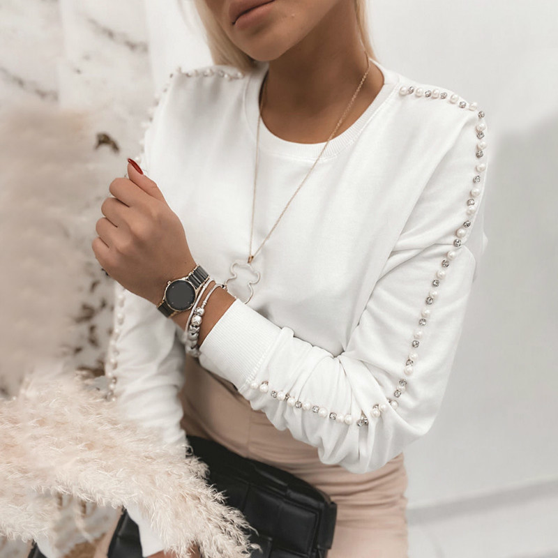 Beading Knitted Ribbed Tshirts Autumn Winter Women T-shirts Hollow Out Long Sleeve Basic Top O-Neck Pearl Casual Tees G1010 210406