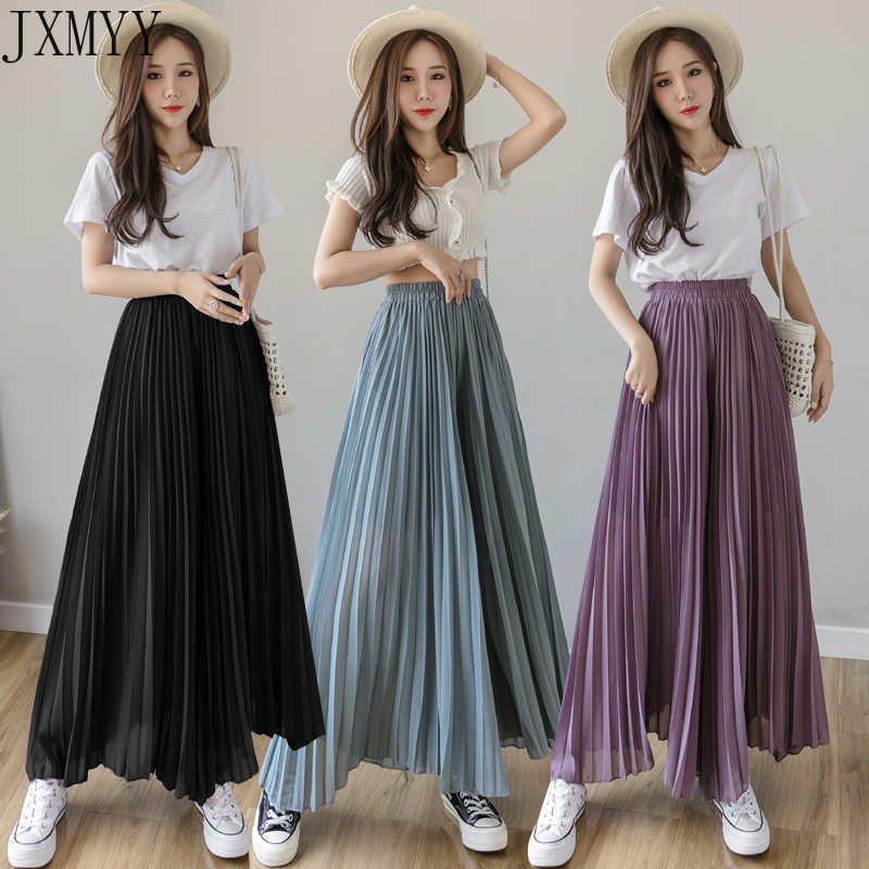 Fashion Streetwear Pleated Culotte Mujer Pants Blue Black Purple Chiffon Trousers Stretch High Waist Loose Wide Leg Women 211115