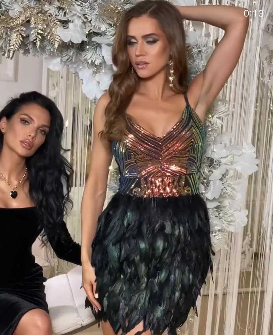Summer Women'S Spaghetti Belt Feather Mini Dress Sexy V-Neck Sequin Party Celebrity Runway Club 210527