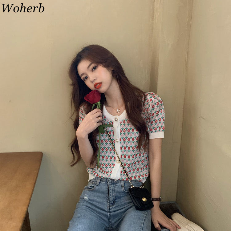 Short Sleeve Crop Top Heavy Jacquard Ice Silk Knitted Cardigan Summer Single Breasted Thin Tops Fashion Clothing 210519