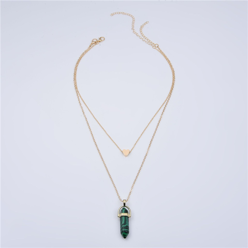 Natural Stones Heart Necklace Fashion Crystal Quartz Chakra Bullet Hexagonal Prism Point Healing Pendant Necklaces Double Layer Gold Chain for Women P
