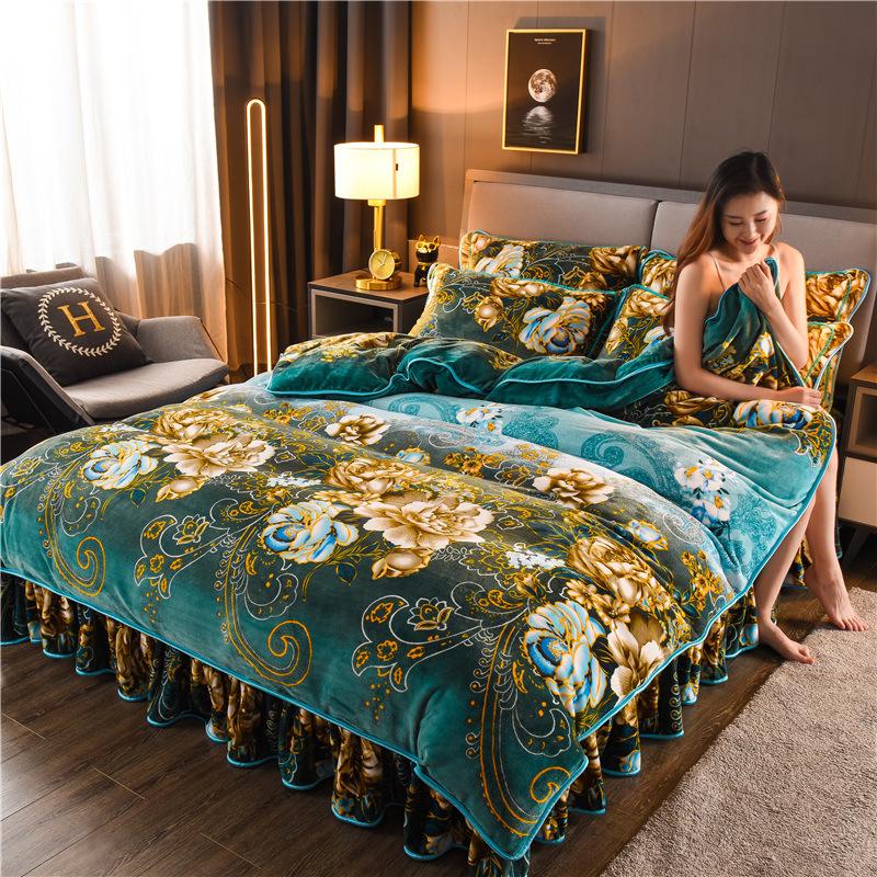 Milk Gold Velvet Four-piece Set Of Falle Coral Bed Dress Double-sided Falete Linen Bedding Sets
