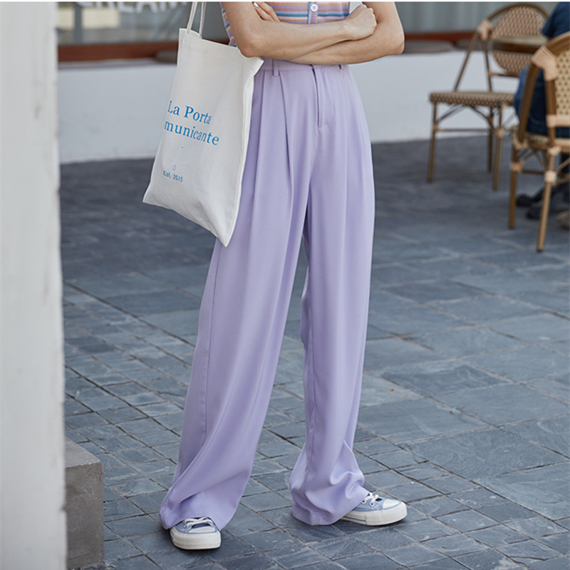 OL Solid Purple Bottoms High Waist Suit Pants Women Loose Long Straight Wide leg Work wear Trousers Femme 210421