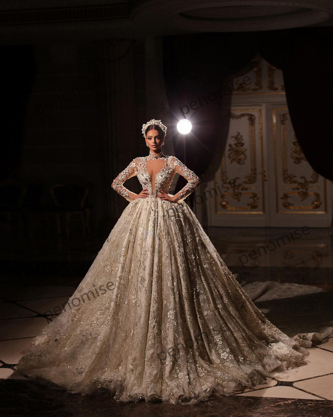 Long Vintage Sleeve Wedding Dresses Lace Appliques Arabia Bridal Gowns Sequin Beaded Customise Vestido De Novia