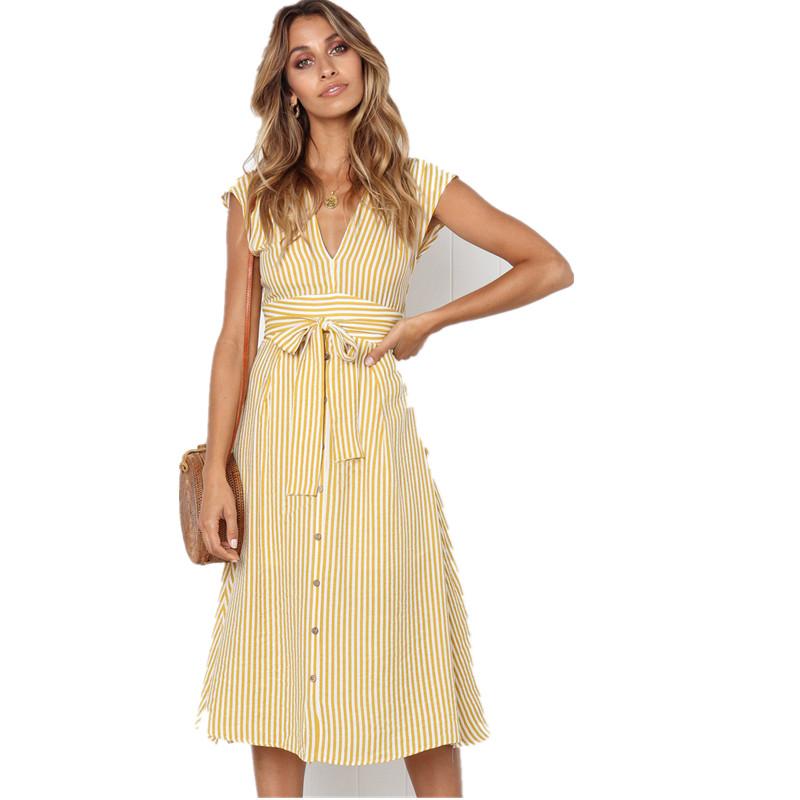 Summer Dress Women Sleeveless Casual Stripe Dresses V Neck Bangage Midi Female Knee Length Vintage Sundress For Lady