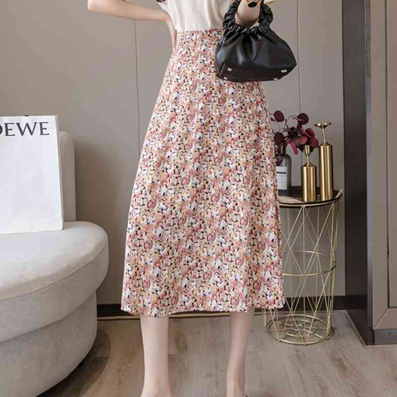 Summer Elegant Floral Printed Midi Skirts High Waist Bohemian Female Casual A-Line 210519