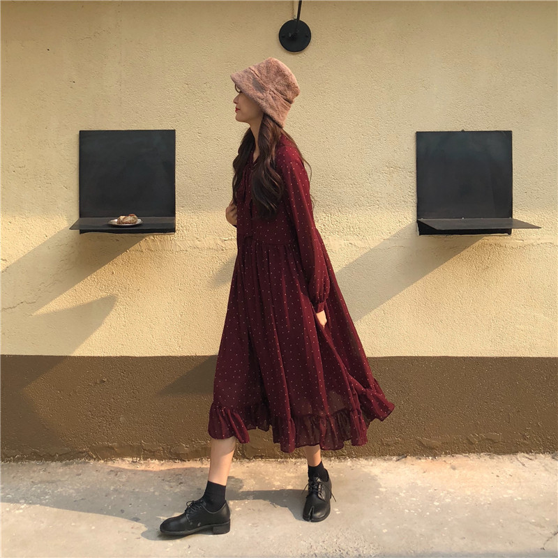 Harajuku Dress Birthday Long Women Korean style Loose Chiffon Ruffle Dot Printed Sleeve 730G 210420