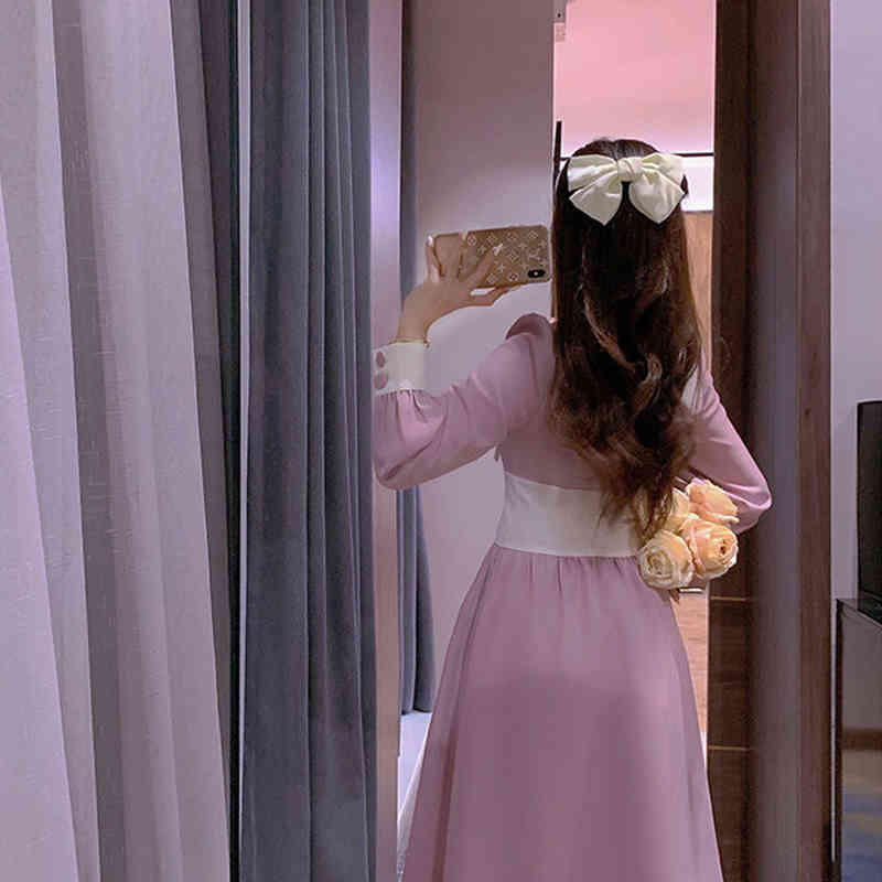 Spring Preppy Style Pink Kawaii Dress Women Sailor Collar Puff Sleeve Vintage Midi Dress Ladies Party Dress Korea 210521