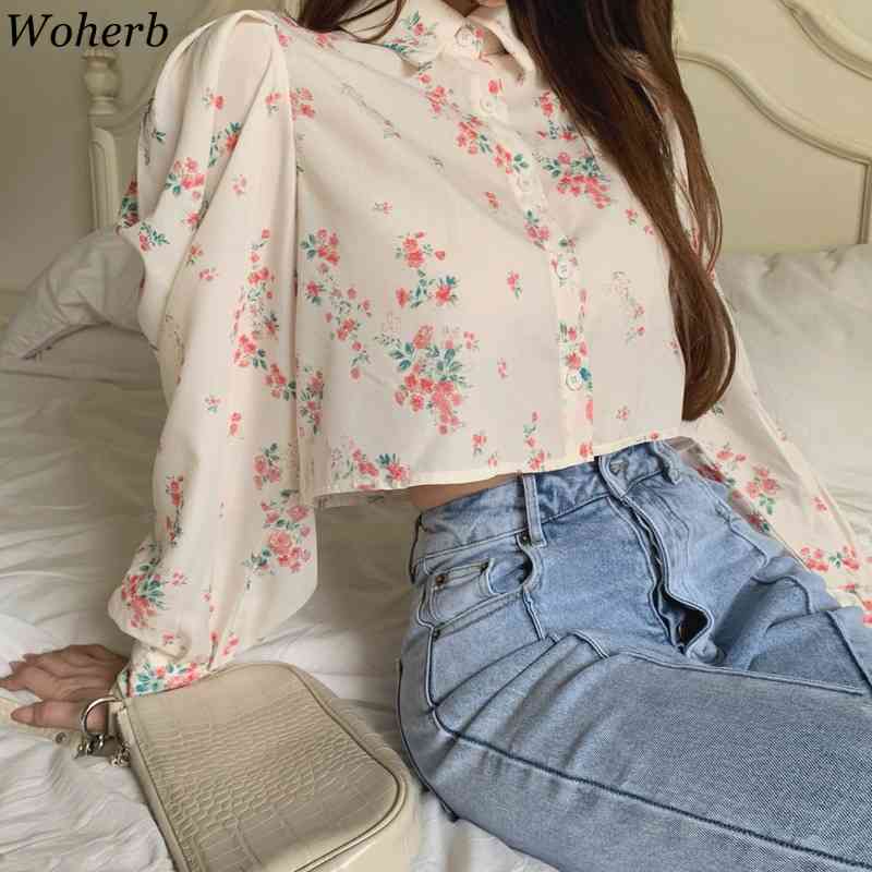 Floral Shirt Women's Elegant Turn Down Collar Puff Long Sleeve Blusas Spring Single Breasted Ladies Crop Tops Sweet 210519