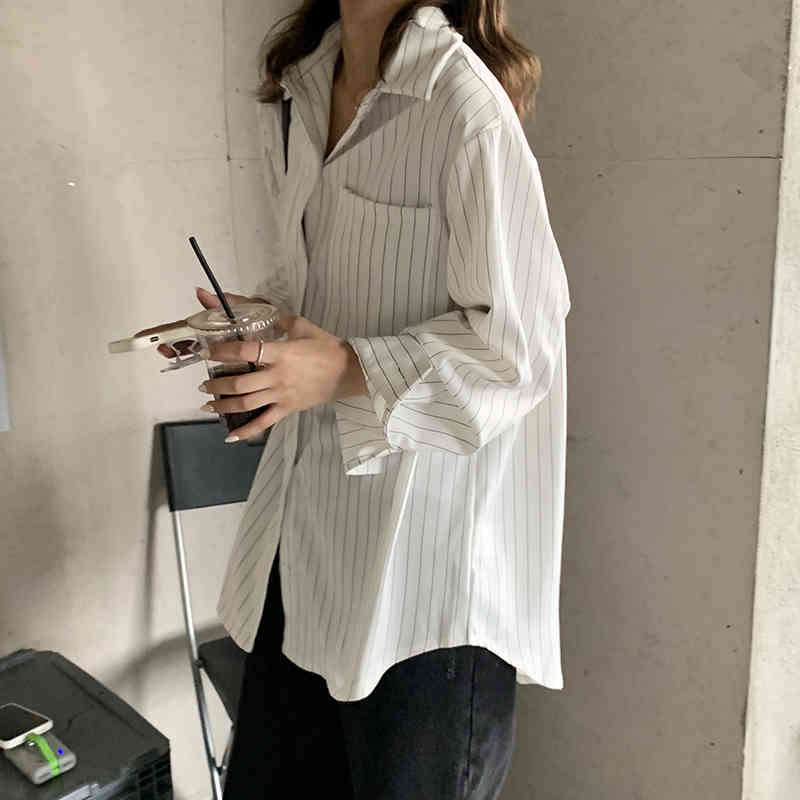 Spring Autumn OL Formal Elegant Minimalist Lapel Striped Shirt Women Blouses Work Long Sleeve Loose Tops Female 210421