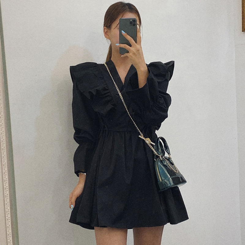 [EWQ] Spring New Sweet Long Sleeve V-Neck Flare Sleeve Women Dresses Korea Style Ruffles Shangp Ladies Shirt Dress QZ44100 210409