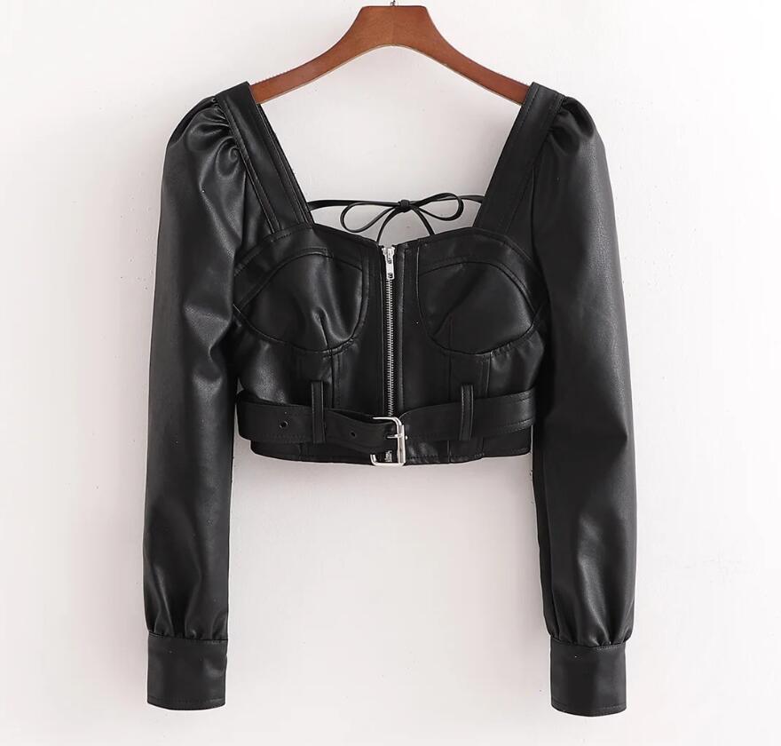 Spring Streetwear Square neck PU Cropped Shirt Women Long Puff Sleeve Slim High Waist Short Faux Leather Blouse Tops 210429