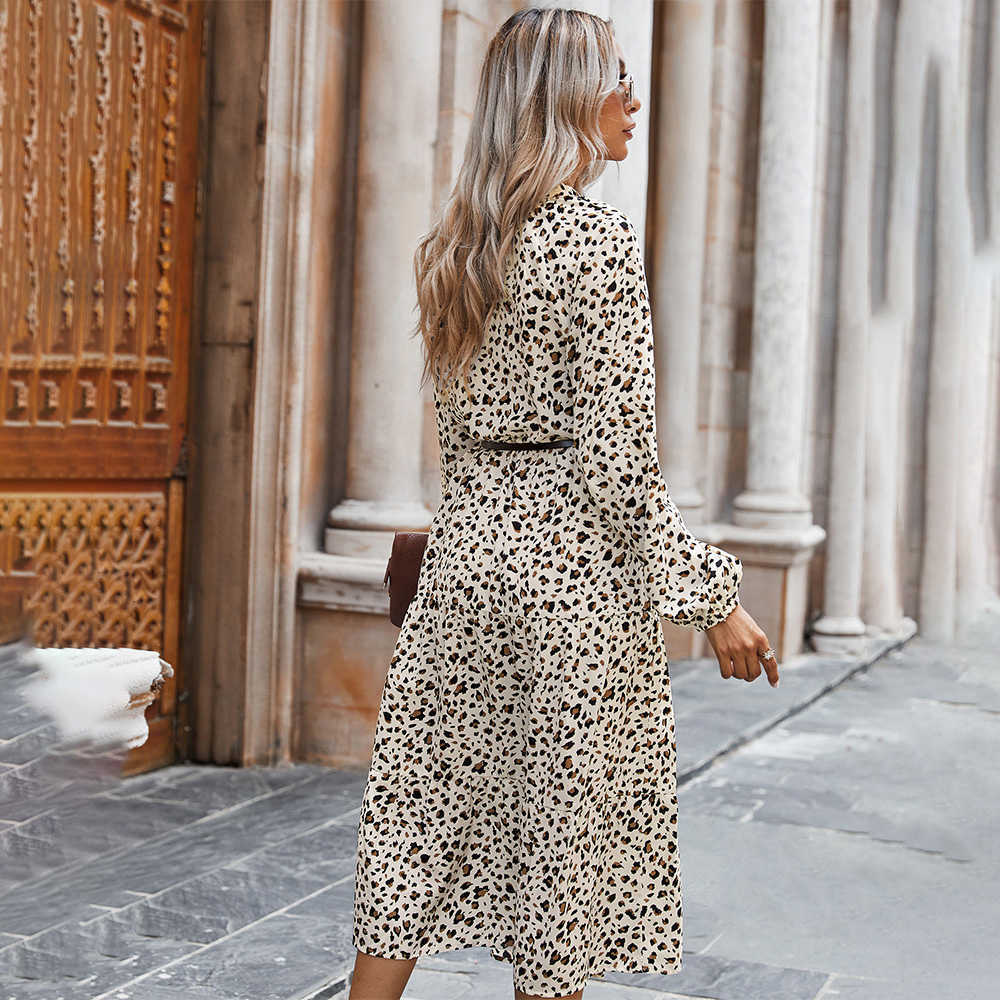 Spring Long Sleeve Midi Dress Women Autumn Leopard Print Loose White Green Casual Dresses Fashion Elegant Clothing Fall 210630