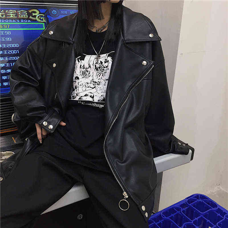 IEFB /men's wear Autumn fashion streetwear Black PU Leather oversize Jacket Loose Zipper Korean hip hop coat 9Y1188 211119