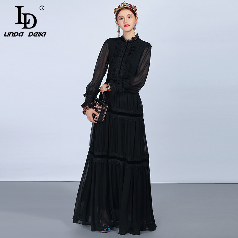 LD LINDA DELLA Fashion Runway Maxi Dresses Women's Long Sleeve Lace Patchwork Ruffles Vintage Black Dress Elegant Party Dress 210409