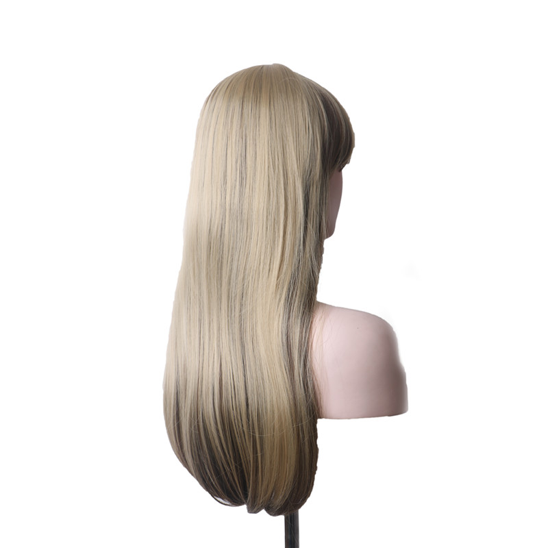 Synthetic Wig With Bangs Female Cosplay Women's Wigs Long Straight Hair Ombre Blonde Black Mix Color Dark Brown