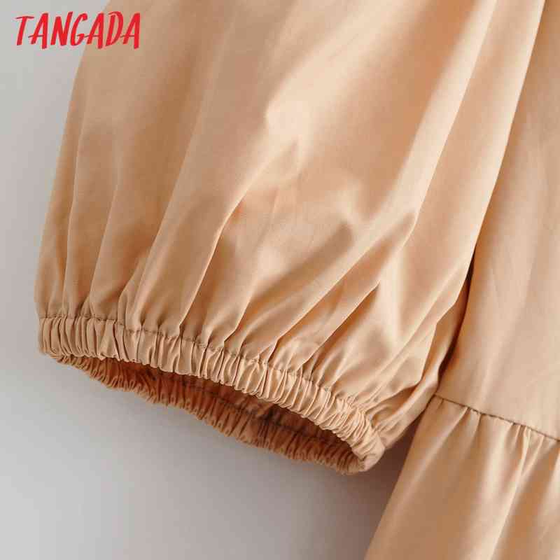 Women Khaki Summer O Neck Puff Short Sleeve Back Zipper Ladies Mini Dress Vestidos AI44 210416