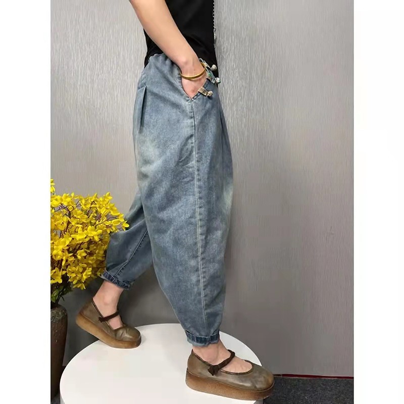 Arrival Spring Korean Style Women Loose Elastic Waist Ankle-length Pants Casual Cotton Denim Harem Jeans W351 210512