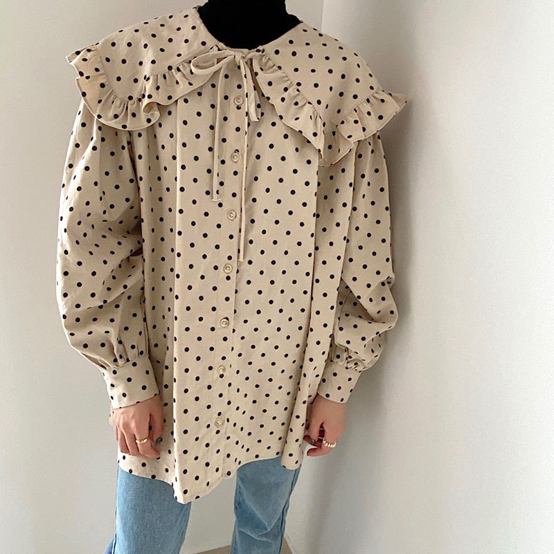 Nomikuma Korean Dot Women Doll Shirt Sweet Bow Tie Peter Pan Collar Blouse New Puff Long Sleeve Causal Blusas Femme 6D181 210427