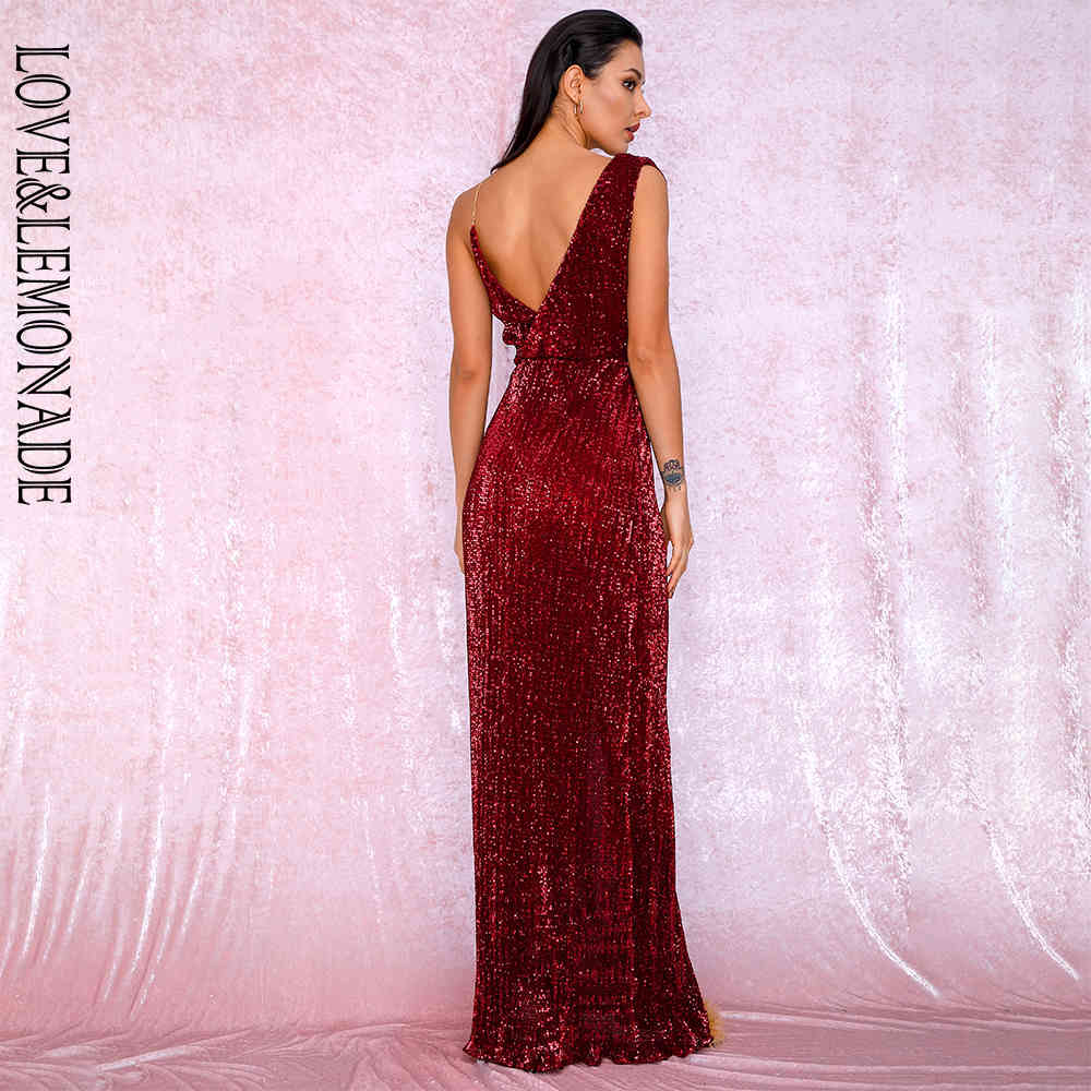LOVE&LEMONADE Sexy Deep Red Deep V-Neck Whit Split Sequins Party Maxi Dress LM81849 210331