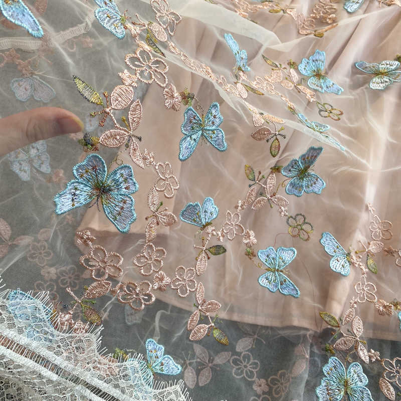 Fashion Women Gauze Embroidered Butterfly Round Neck Short Sleeve High Waist Slim A-line Dress Elegant Vestidos R253 210527