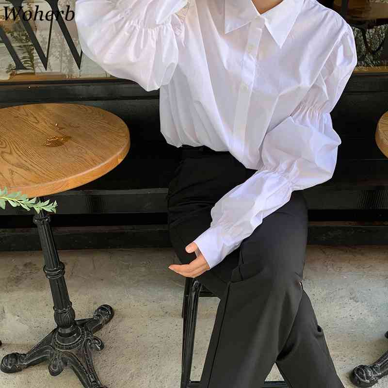 Korean Chic Women Blouses Fashion Female Shirts Single Breasted Puff Long Sleeve White Casual Blusas Mujer 210519