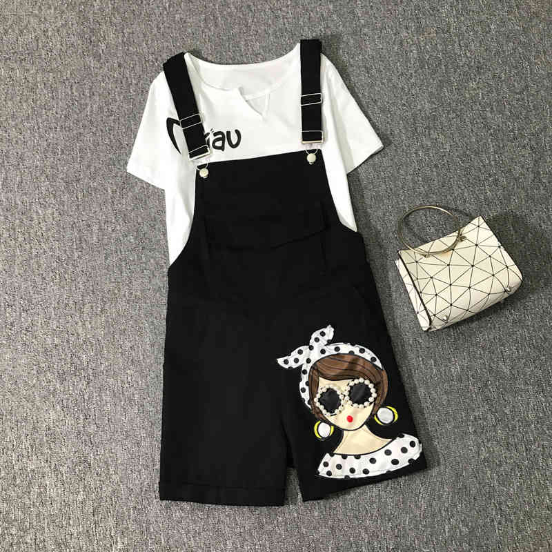 Suspender Shorts Suit Women's Summer Preppy Style Printted Tshirt and Cartoon pictures Appliques Pants Two-piece Sets 210525, Black
Suspender Shorts Suit Women's Summer Preppy Style Printted Tshirt and Cartoon pictures Appliques Pants Two-piece Sets 210525, Black
