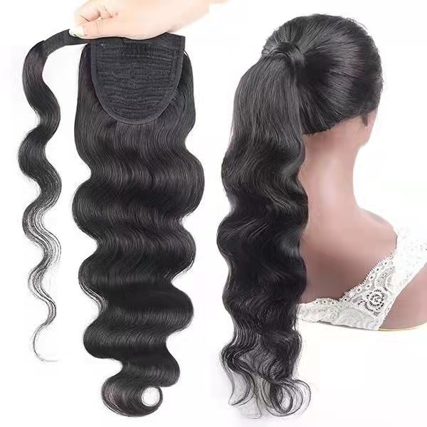 Soft Human Long Body Wavy Drawstring Ponytail for Women Wave Hair Extension Clip in Hairpiece Black Fake Hair pony tail 140g