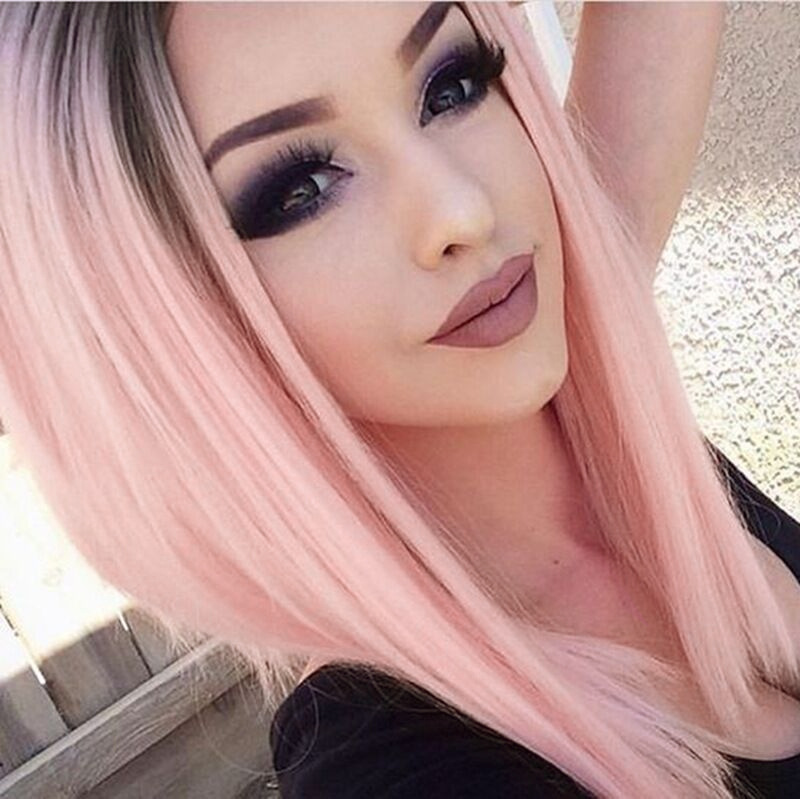 Beautiful Middle Long Straight Pink Ombre Synthetic Fiber BOB Wig for Women free shiping