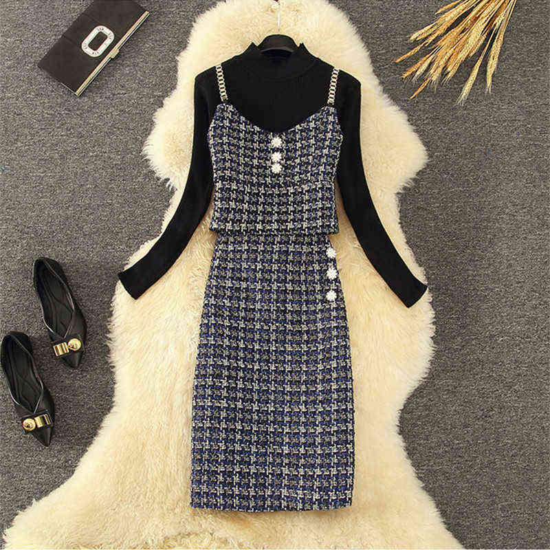 Fall Winter Diamond Button Tweed 2 Piece Set Female High Quality Chain Vest Crop Top Long Skirts Black Sweater Suits 211109
