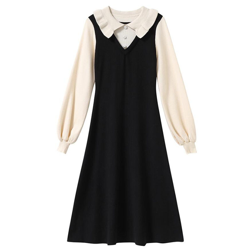 Autumn Winter Long Dress Women Elegant Lotus leaf collar Slim A-line Sweater Dresses Lantern sleeve Office Lady Knitted Dress 210521