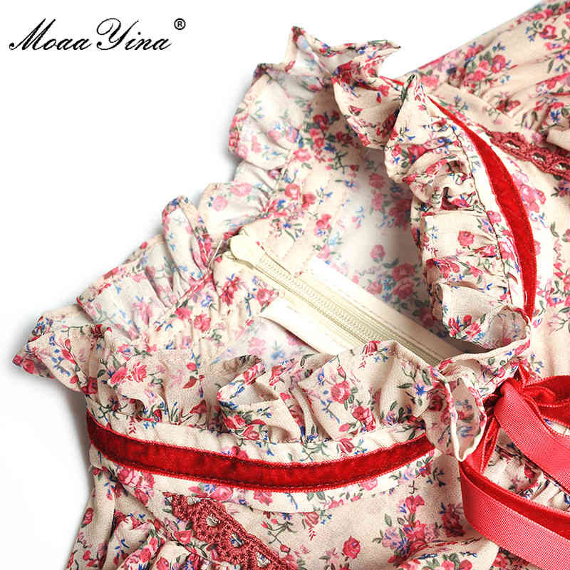 Fashion Runway Female dress Spring Summer Women's Dress Stand collar Ruffles Floral-Print Vacation Dresses 210524