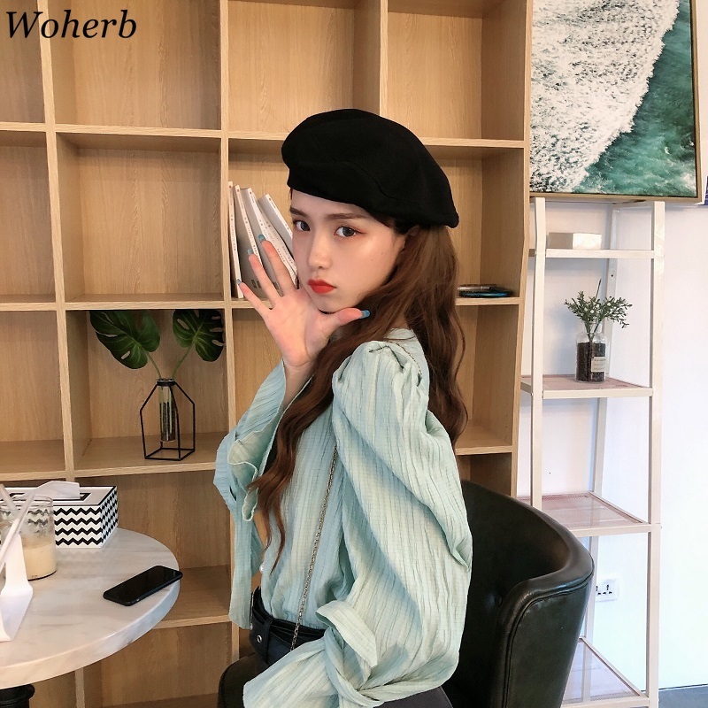 Solid Office Ladies Shirts Spring Summer V-neck Vintage Pleated Blusas Mujer Fashion Elegant Sweet Women Blouses 210519