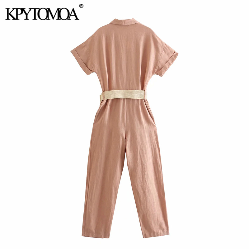 Women Chic Fashion With Belt Linen Jumpsuit Vintage Short Sleeve Side Pockets Female Playsuits Mujer 210416